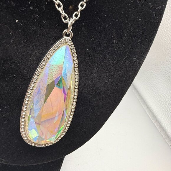 Large Iridescent Teardrop Pendant Necklace with Rhinestone Border - Picture 3 of 6